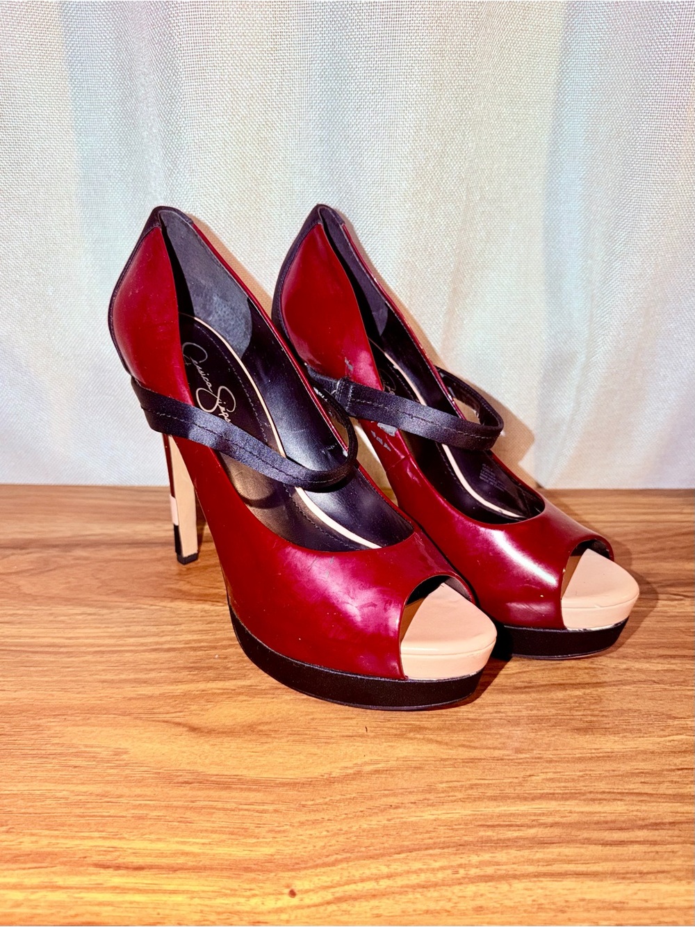 Jessica Simpson Burgundy Peep-Toe High Heels with Black Strap and Nude Toe